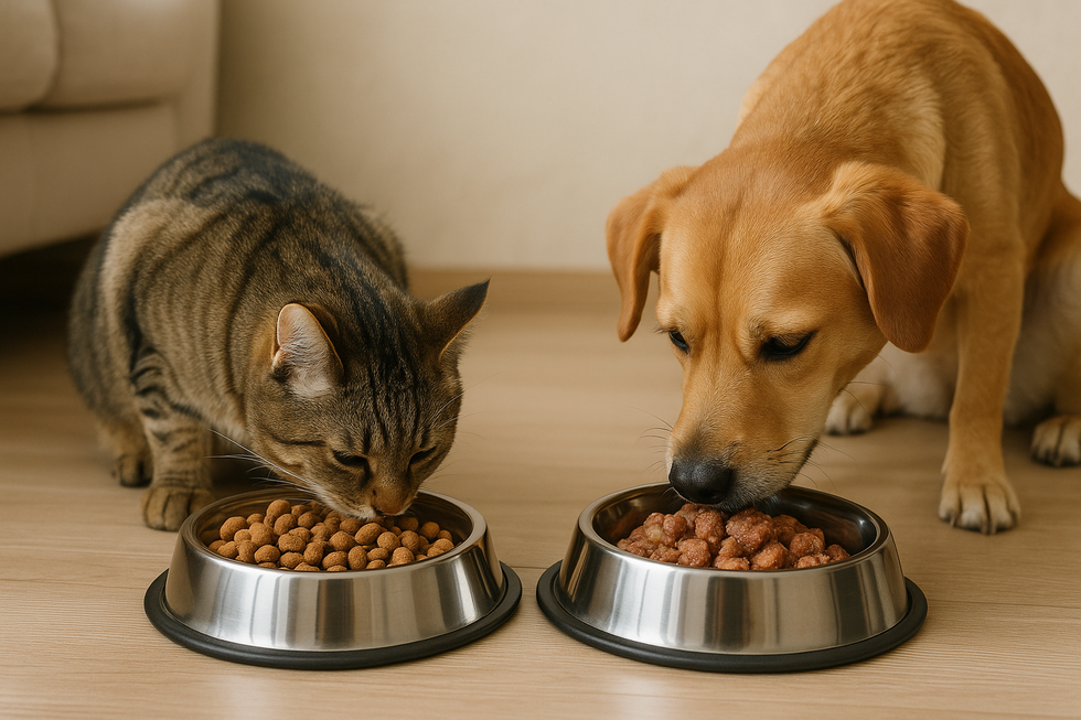 METAPETS Việt Nam https://metapets.vn Chó và mèo ăn trong các bát riêng biệt chứa thức ăn phù hợp với từng loài.