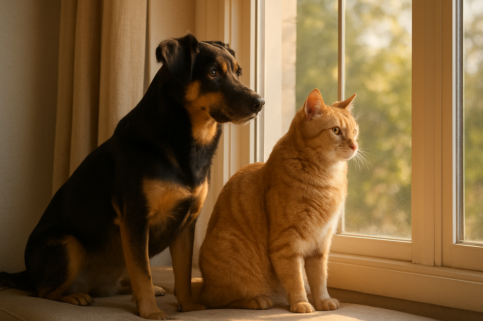 METAPETS Việt Nam https://metapets.vn Chó và mèo bên nhau, nhìn ra cửa sổ ngập nắng.