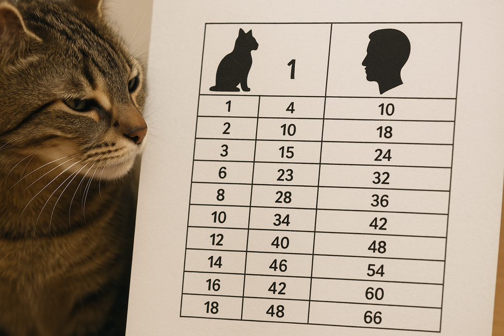 Bảng so sánh tuổi mèo và tuổi người giúp hiểu rõ hơn về cách tính tuổi mèo.