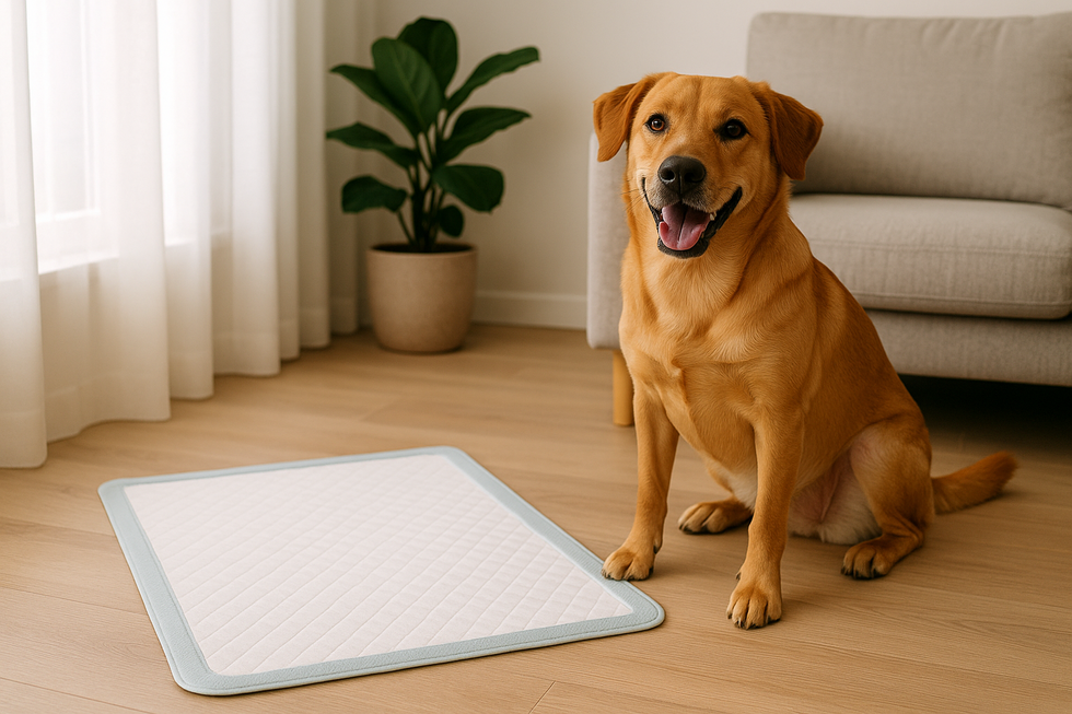 METAPETS Việt Nam https://metapets.vn Chú chó đứng cạnh tấm lót vệ sinh của metaPet trong nhà, thể hiện sự hạnh phúc và thoải mái.
