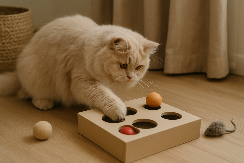 Mèo Anh lông dài chơi trò chơi trí tuệ.