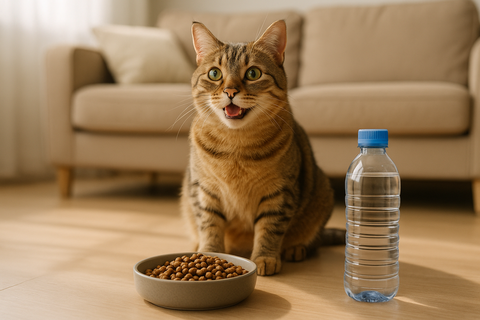 METAPETS Việt Nam https://metapets.vn Hình ảnh một con mèo vui vẻ cạnh bát thức ăn hạt và chai nước, thể hiện sức khỏe tốt.