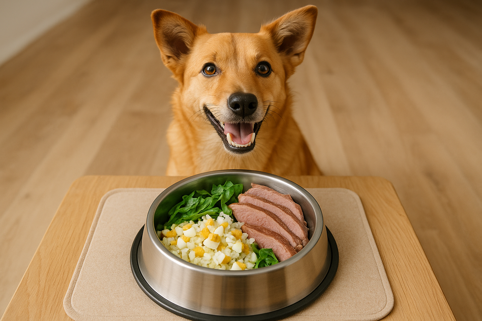 Chú chó đang ngửi món trứng chiên vàng ươm trên bàn bếp.