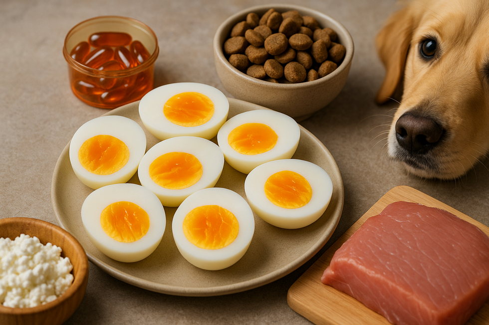 Chú chó đang ngửi món trứng chiên vàng ươm trên bàn bếp.