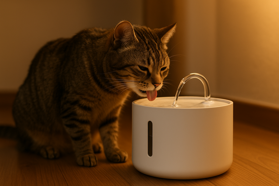 Mèo đang tận hưởng nước từ máy lọc nước chạy 24/7.