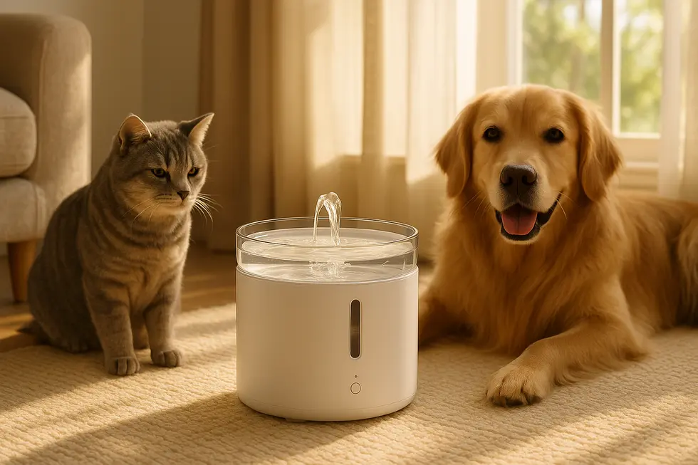 METAPETS Việt Nam A continuously operating pet water fountain in a cozy home setting with pets.