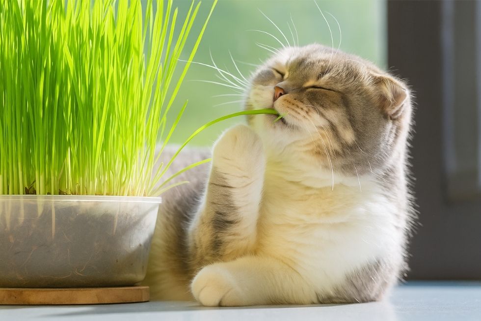Con mèo nằm bên cạnh khay cỏ mèo xanh tươi dưới ánh nắng.