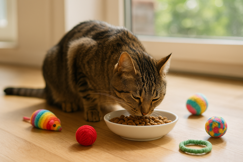 Chú mèo chăm chú ăn hạt, biểu thị sự phổ biến của thức ăn này.