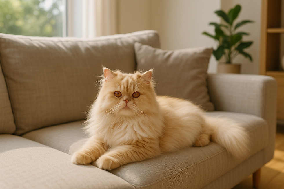 METAPETS Việt Nam https://metapets.vn Một chú mèo Ba Tư nằm thư giãn trên ghế sofa trong căn phòng sáng sủa và sạch sẽ.