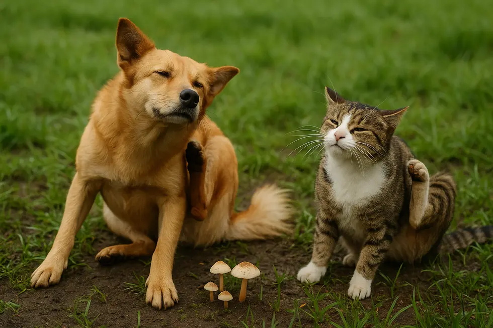 Chó và mèo đứng trên nền đất ẩm với các đốm nấm, cả hai đều đang gãi ngứa.