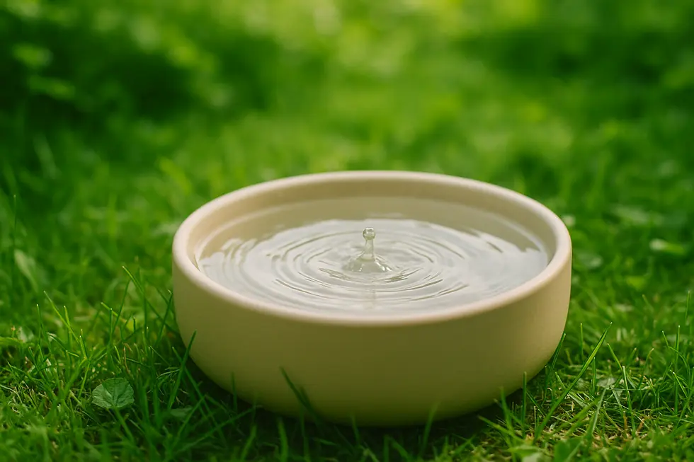 METAPETS Việt Nam Bát nước sạch với ánh sáng dịu nhẹ và xung quanh màu xanh lá cây.