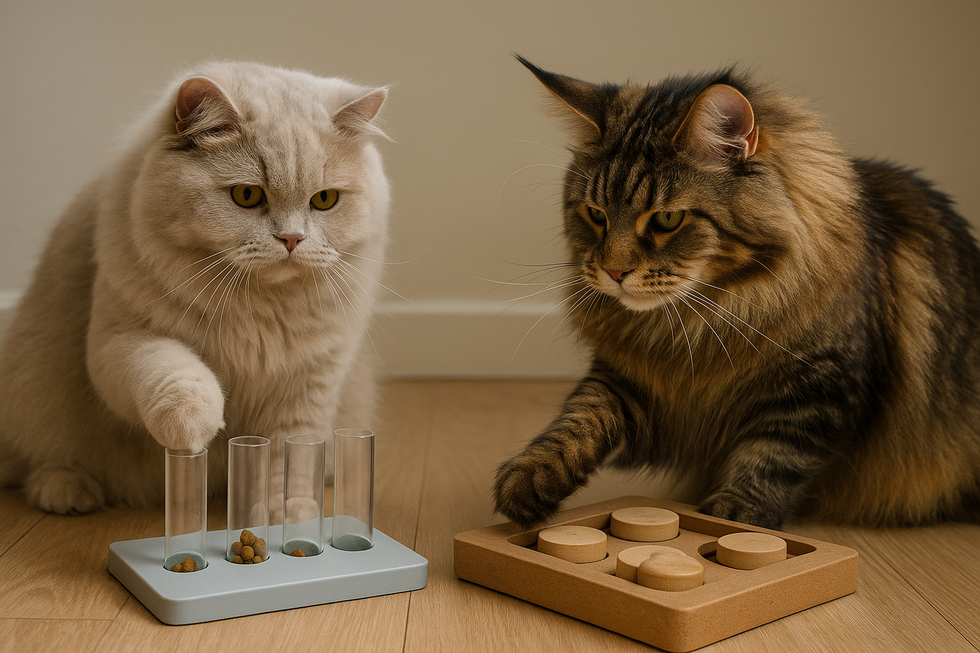 Mèo Anh lông dài chơi trò chơi trí tuệ.