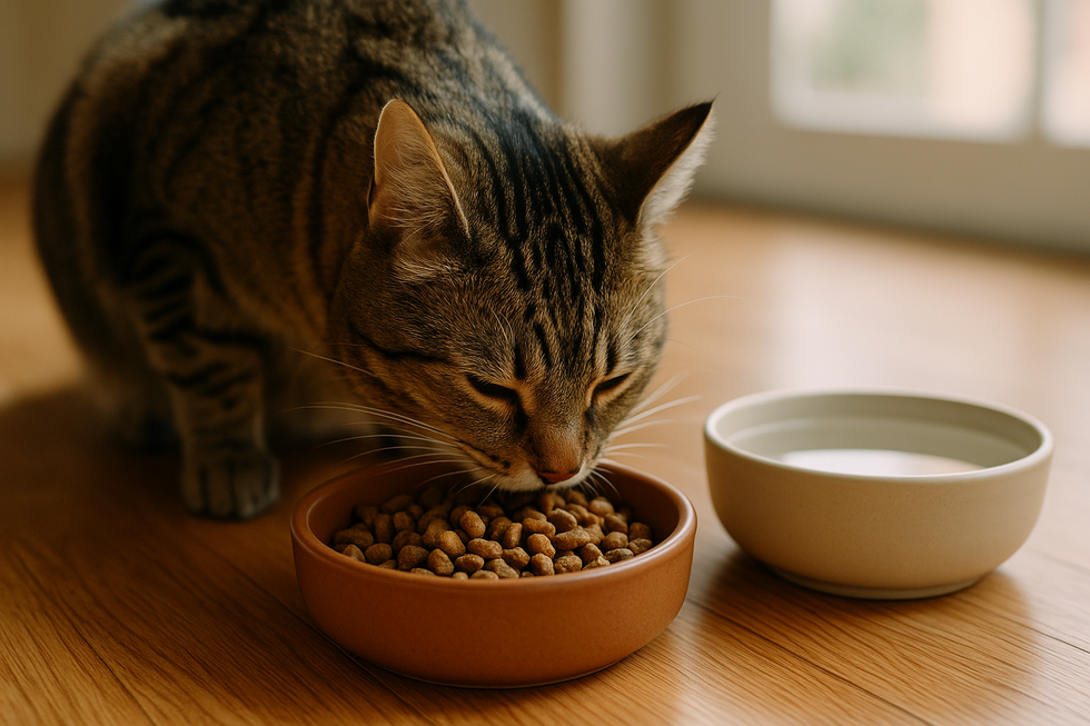 Mèo đang ăn thức ăn hạt với bát nước cạnh bên.