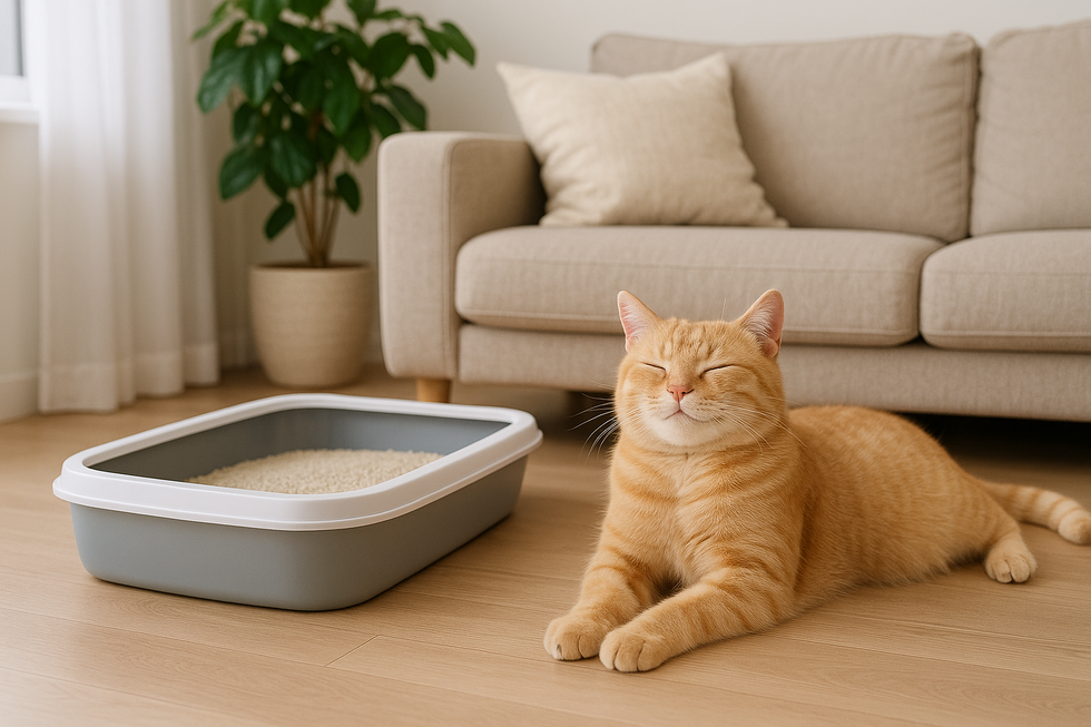 METAPETS Việt Nam https://metapets.vn Không gian sống sạch với mèo nằm gần khay vệ sinh.