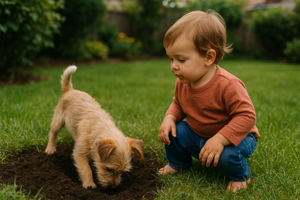 Trẻ nhỏ chơi trong vườn, đối diện nguy cơ nhiễm sán từ thú cưng.