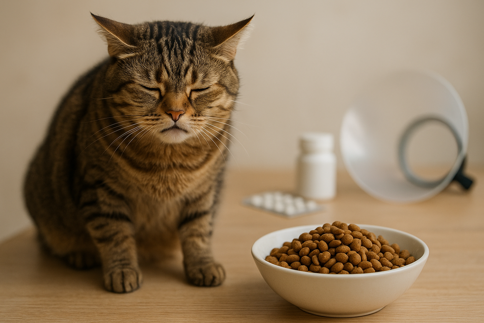 Mèo đang ăn thức ăn hạt với bát nước cạnh bên.