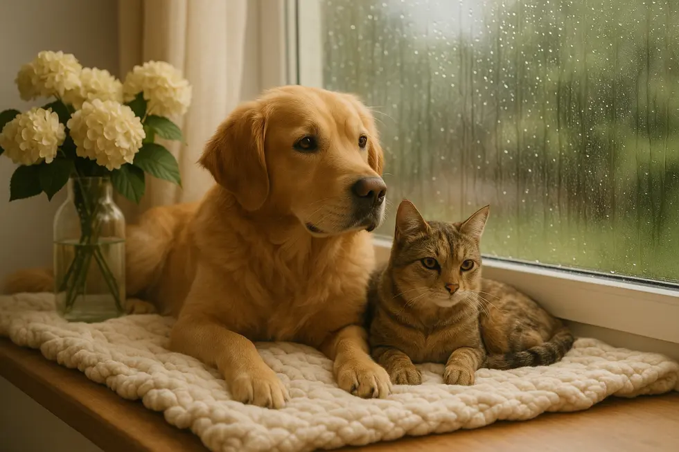 METAPETS Việt Nam Chó và mèo nằm trên chăn trong không gian ấm áp khi trời mưa bên ngoài.