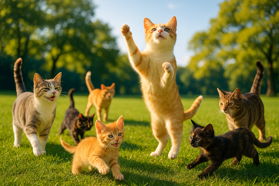 METAPETS Việt Nam https://metapets.vn Nhiều chú mèo chơi đùa dưới ánh sáng trong môi trường rộng lớn.