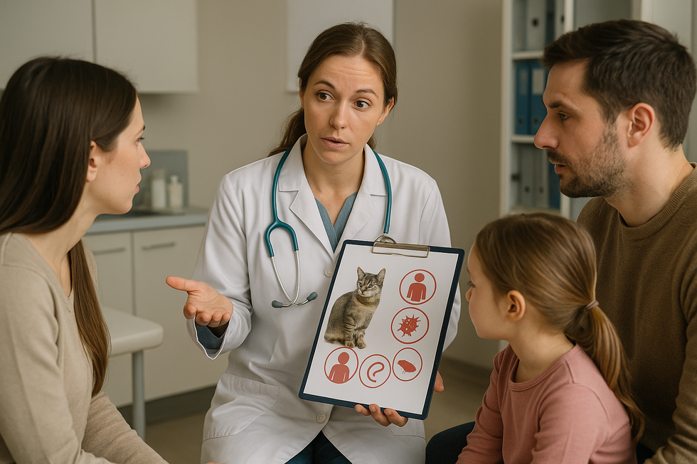 Gia đình hạnh phúc cùng chơi đùa với mèo cưng.