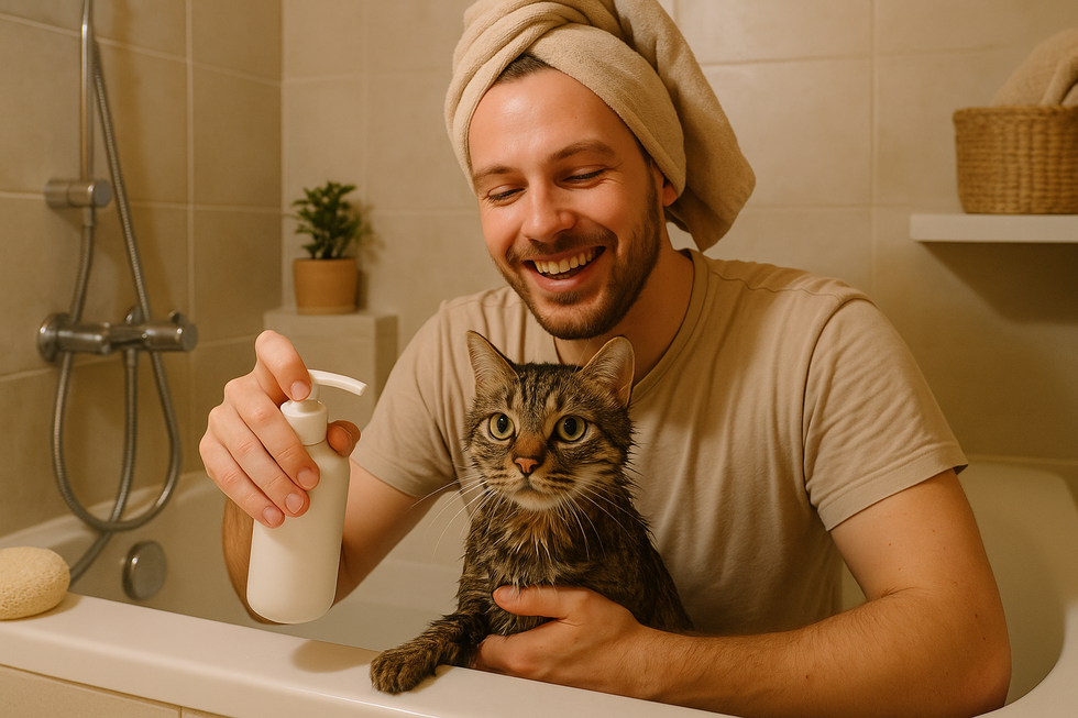 METAPETS Việt Nam https://metapets.vn Người chủ và mèo thoải mái trong quá trình tắm.