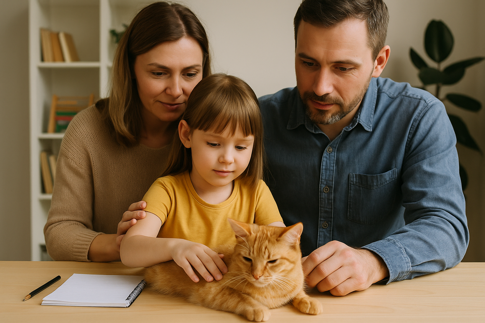 Gia đình hạnh phúc cùng chơi đùa với mèo cưng.