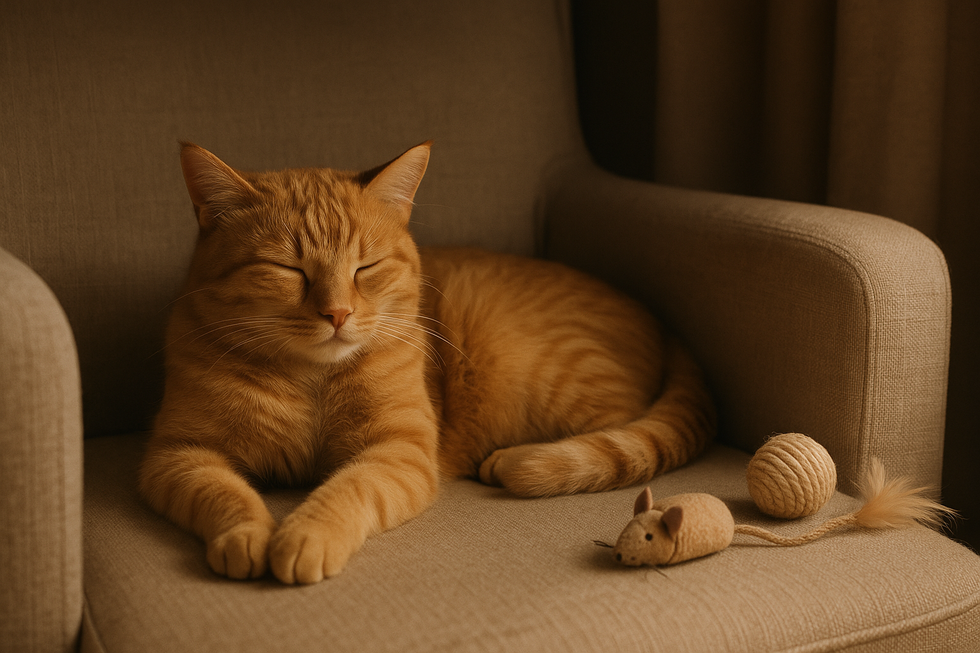 Chú mèo đang chạy nhảy trong phòng, thể hiện sự hưng phấn cao độ.