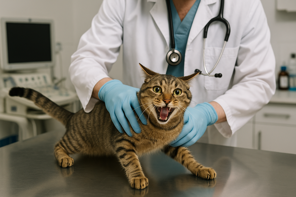 Chú mèo đang chạy nhảy trong phòng, thể hiện sự hưng phấn cao độ.