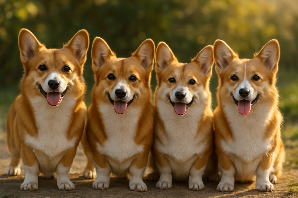 METAPETS Việt Nam https://metapets.vn Nhóm chó Corgi với lông bóng mượt, đứng dưới ánh nắng.