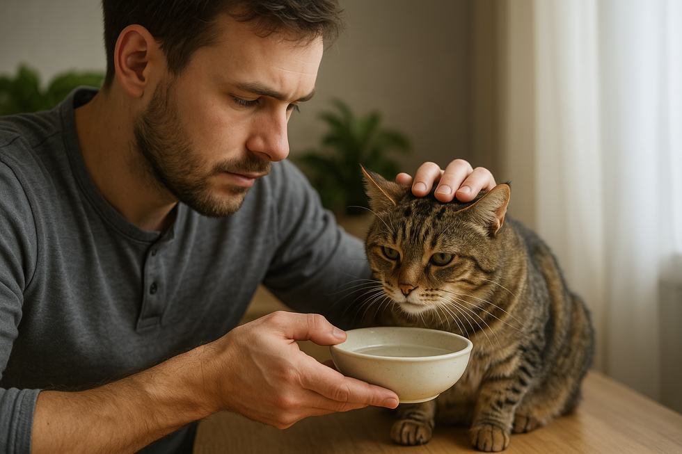 Chủ nuôi lo lắng khi mèo không chịu uống nước từ bát.