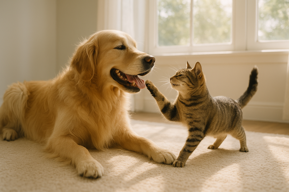 METAPETS Việt Nam https://metapets.vn Chó và mèo trong không gian sáng mờ với cảm giác thư giãn.