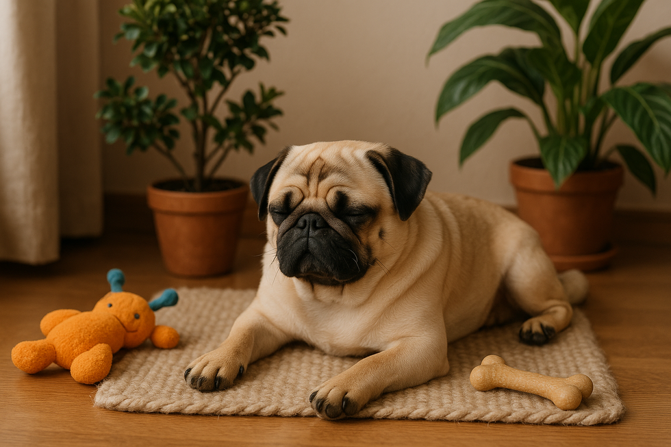METAPETS Việt Nam https://metapets.vn Chú chó Pug nằm trên thảm nhỏ, xung quanh là đồ chơi và cây cỏ, trong một không gian nhà.