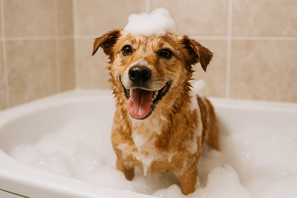 METAPETS Việt Nam https://metapets.vn Một chú chó đang tắm trong bồn với sữa tắm bọt.