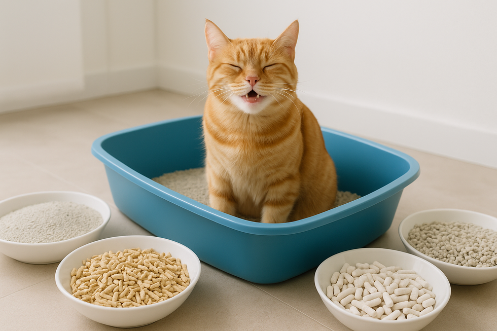 METAPETS Việt Nam https://metapets.vn Chú mèo hài lòng trong khay cát vệ sinh với các loại cát được trưng bày xung quanh.