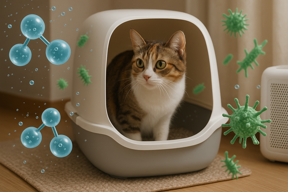 Khay vệ sinh mèo được bố trí gọn gàng, tạo không gian sống sạch sẽ.