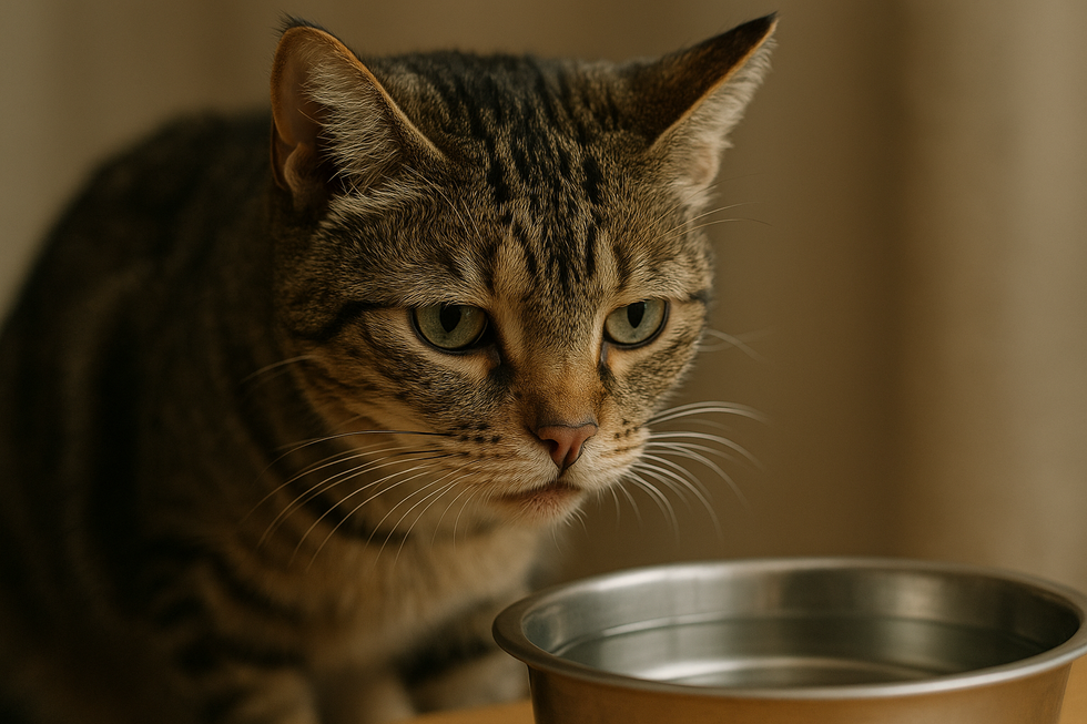 Chủ nuôi lo lắng khi mèo không chịu uống nước từ bát.