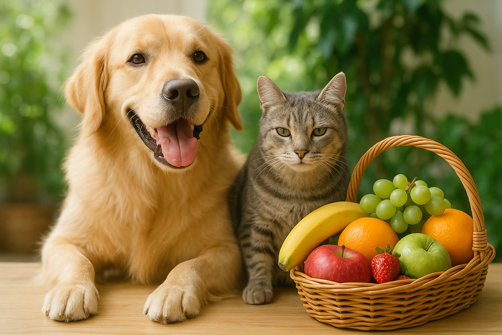 METAPETS Việt Nam https://metapets.vn Chó và mèo cạnh giỏ trái cây tươi.