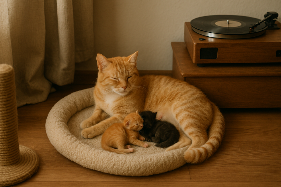 Mèo mẹ trong khung cảnh lo lắng do môi trường xung quanh mới mẻ.