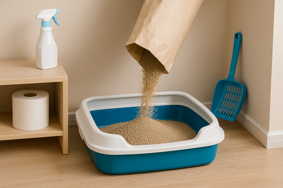 Khay vệ sinh mèo được bố trí gọn gàng, tạo không gian sống sạch sẽ.