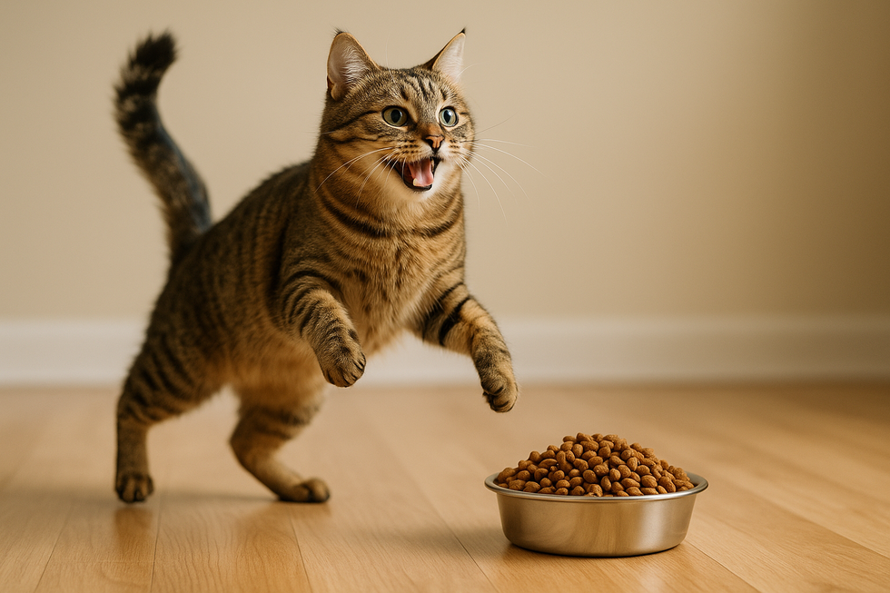 Một chú mèo đang ăn cơm trộn thịt, thể hiện sự cân nhắc trong chế độ ăn.