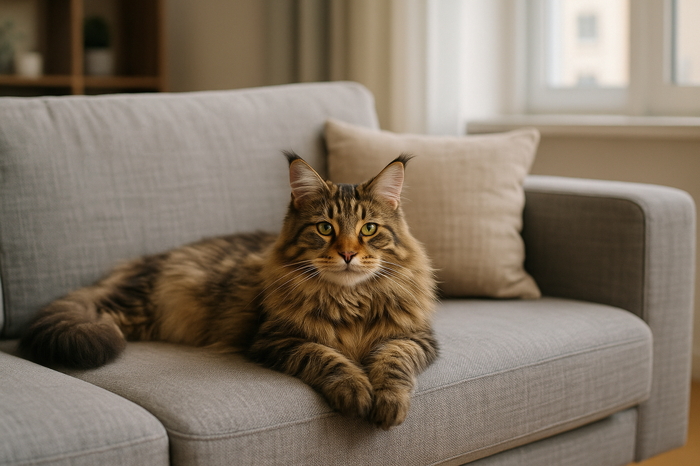 Mèo Maine Coon thoải mái nằm trên ghế trong căn hộ.