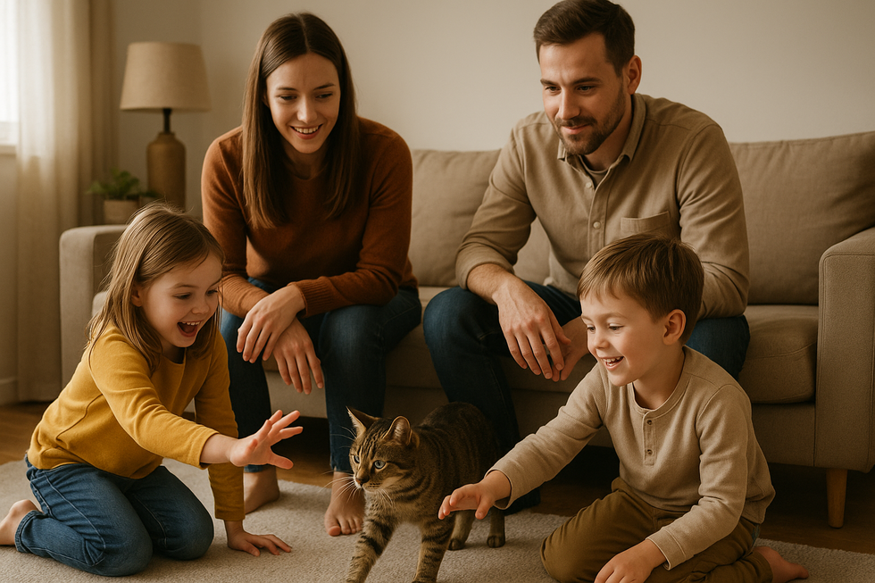 Gia đình hạnh phúc cùng chơi đùa với mèo cưng.