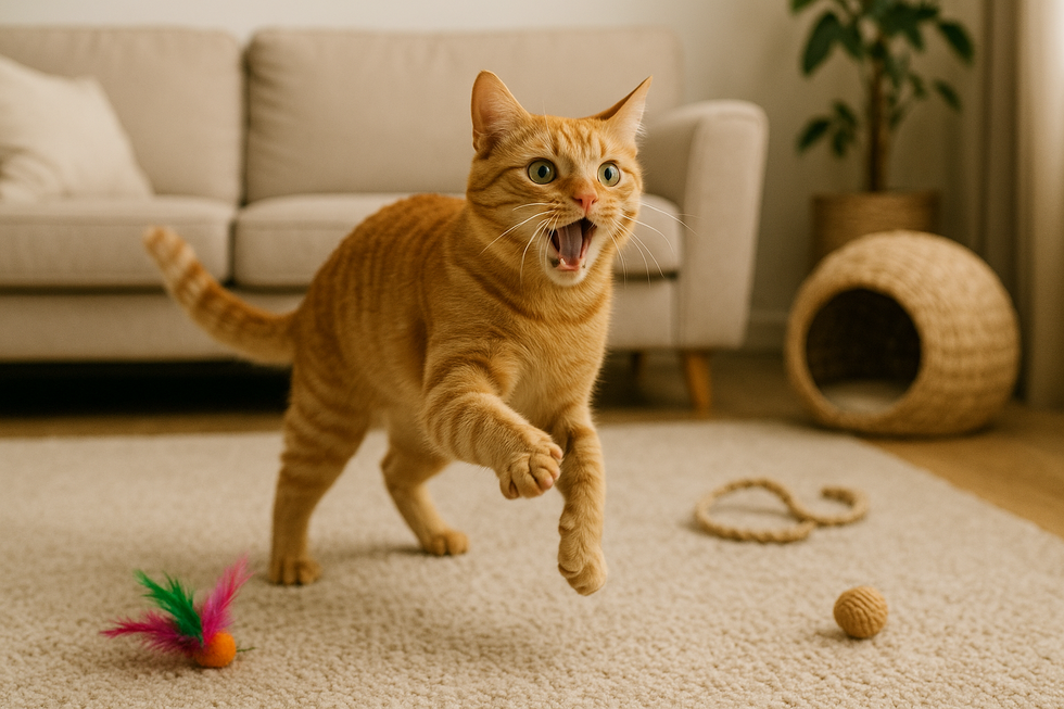 Chú mèo đang chạy nhảy trong phòng, thể hiện sự hưng phấn cao độ.