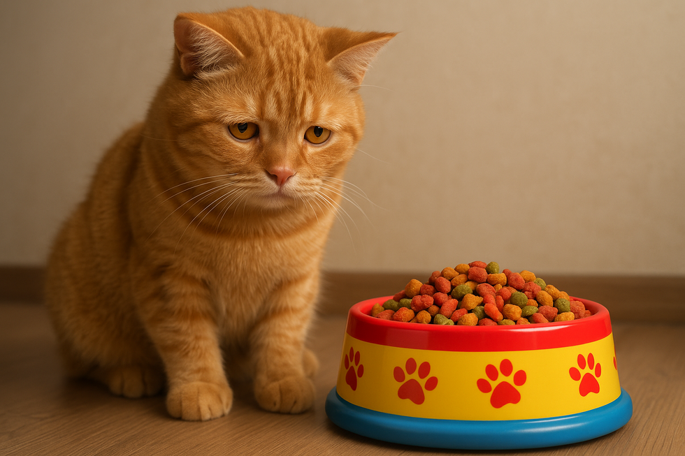 Mèo buồn bã gần bát thức ăn – dấu hiệu tiềm năng của dị ứng thức ăn gây tiêu chảy lỏng màu vàng.