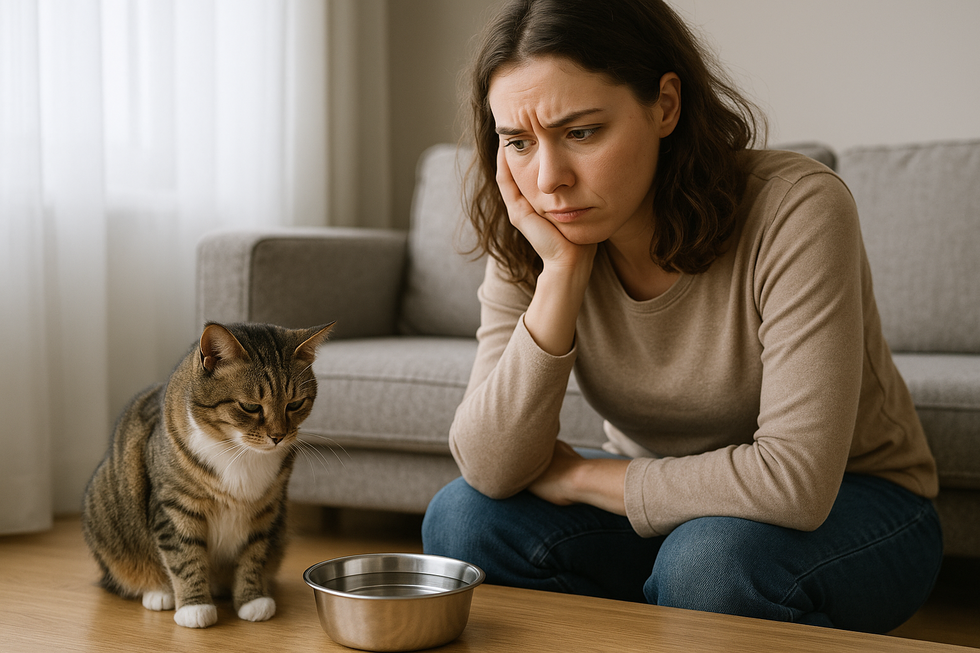 Chủ nuôi lo lắng khi mèo không chịu uống nước từ bát.