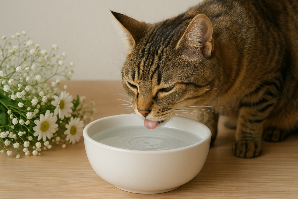 Mèo uống nước sạch, tươi mới từ chiếc bát nước.