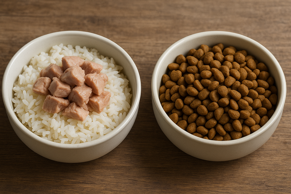 Một chú mèo đang ăn cơm trộn thịt, thể hiện sự cân nhắc trong chế độ ăn.