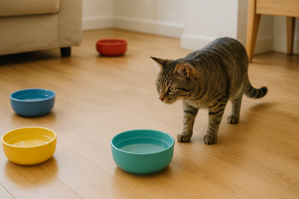 Mèo uống nước sạch, tươi mới từ chiếc bát nước.