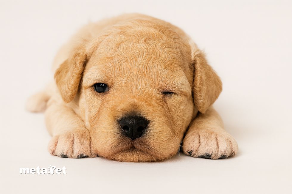 Chó con lông vàng đang nằm sấp, nhắm một mắt, chuẩn bị mở mắt.