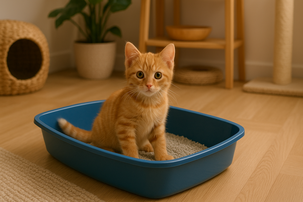 METAPETS Việt Nam https://metapets.vn A kitten using a litter box in a cat-friendly room, illustrating a successful litter training environment.