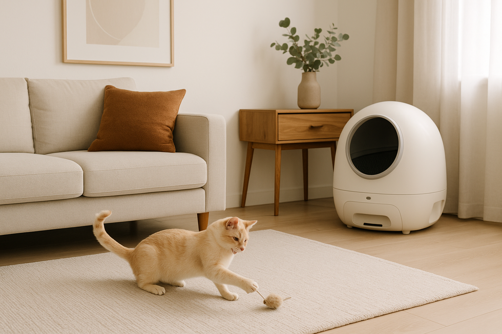 METAPETS Việt Nam https://metapets.vn Không gian phòng khách hiện đại với máy dọn phân và mèo đang chơi.